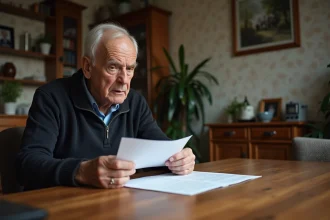Homme âgé lisant des papiers dans son salon cosy