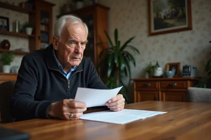 Homme &acirc;g&eacute; lisant des papiers dans son salon cosy