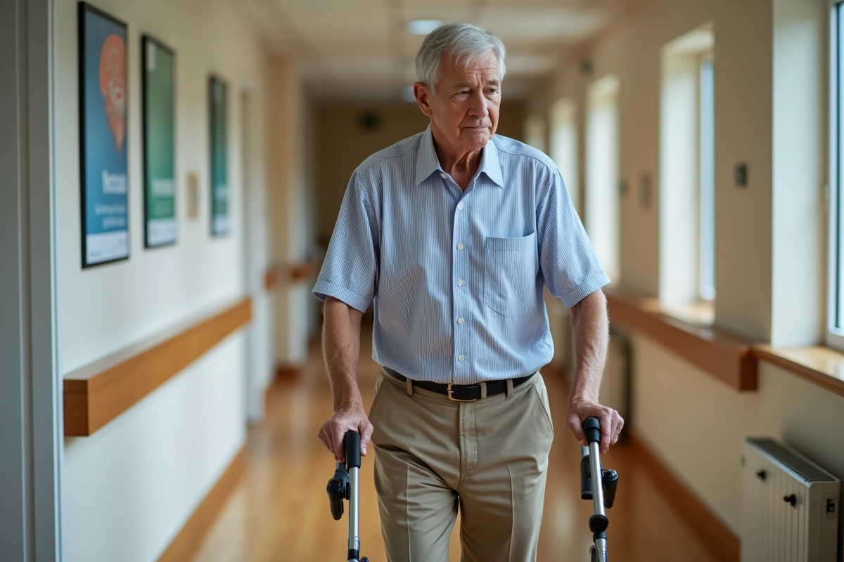 Homme âgé marchant dans un couloir de rééducation