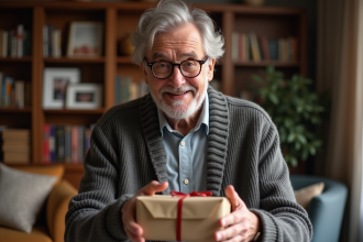 Homme agee ouvrant un cadeau dans un salon chaleureux
