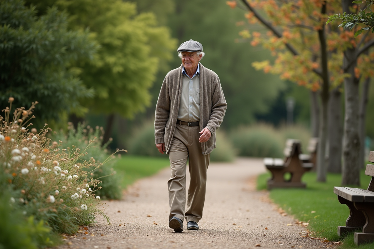 Homme âgé marchant dans un parc en fleurs