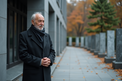 Homme âgé dans un cimetière moderne en réflexion