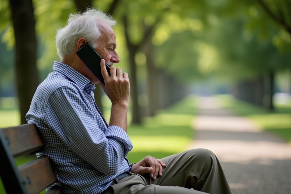 Homme âgé parlant au téléphone dans un parc verdoyant