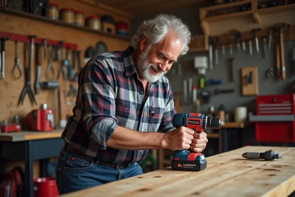 Homme de 60 ans examine un perceuse neuve dans son atelier