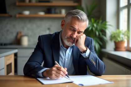 Homme d'âge moyen en costume bleu lisant un contrat