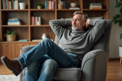Homme d'âge moyen assis dans un fauteuil moderne dans un salon