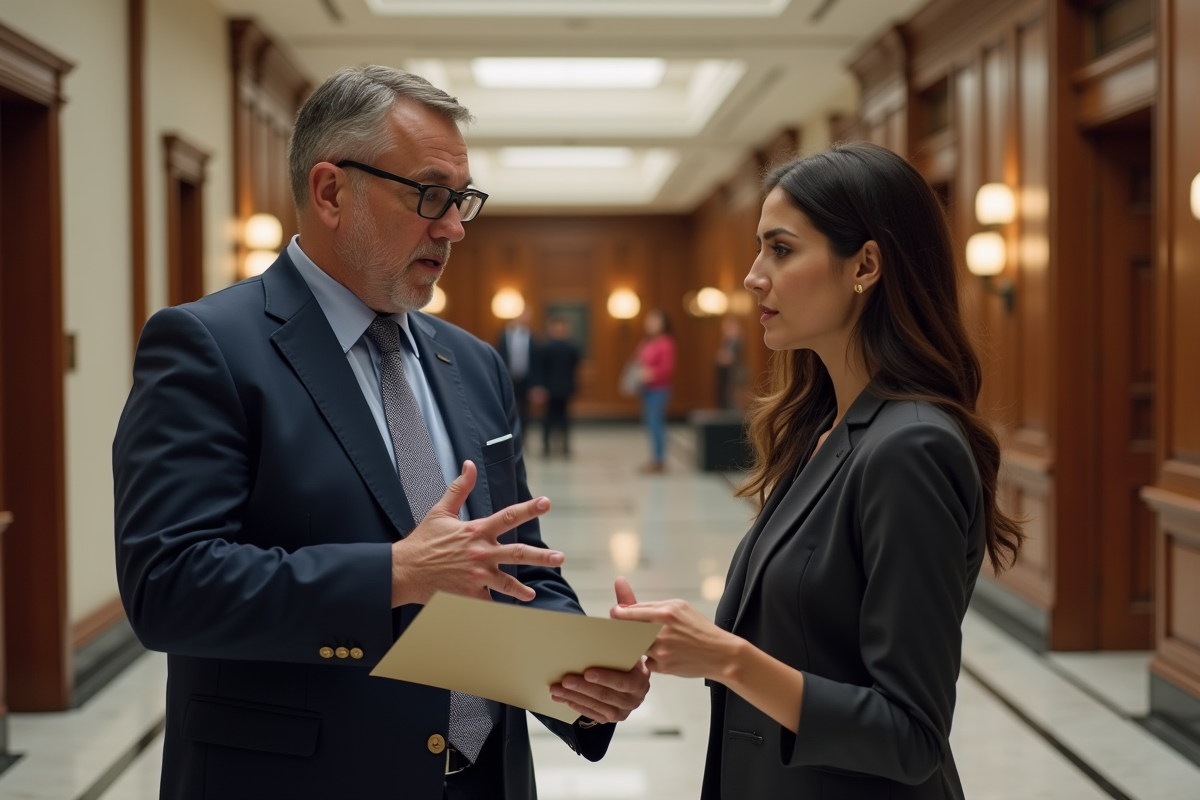 Homme en costume conseillant une femme dans un hall de tribunal