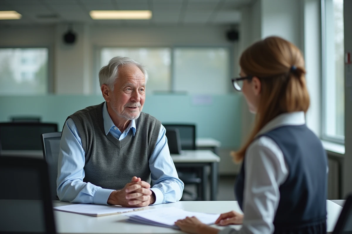 Homme en discussion avec un travailleur social dans un bureau