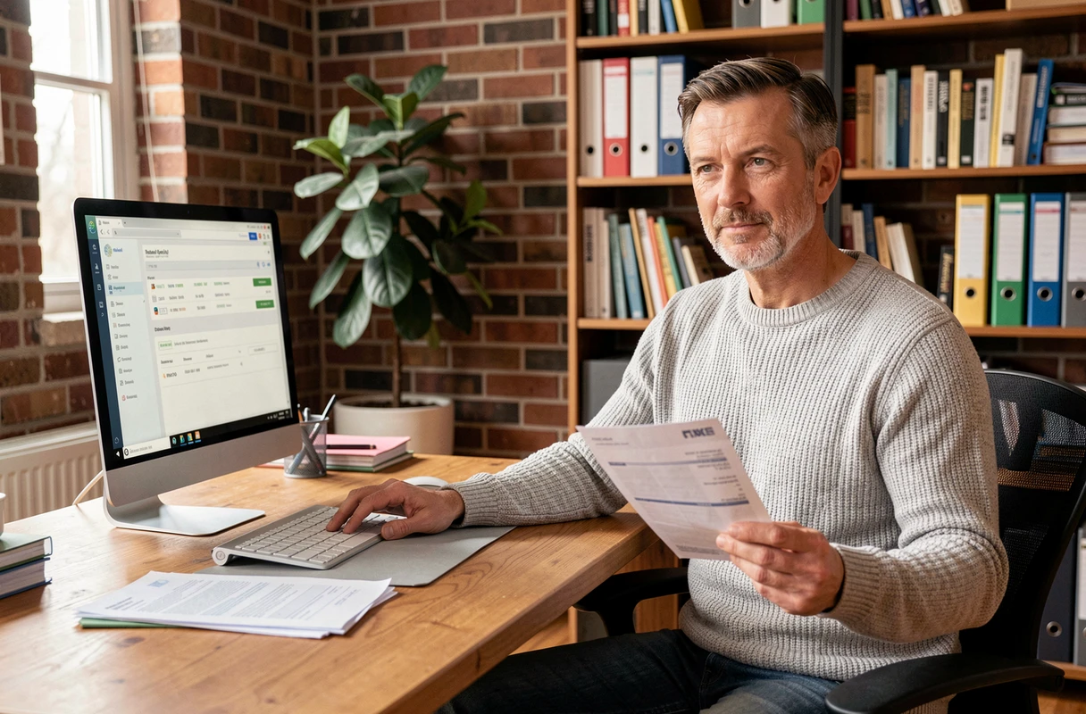 Homme à son bureau à domicile consultant son interface de gestion de comptes en ligne pour préparer un contrôle de comptes via Proxima