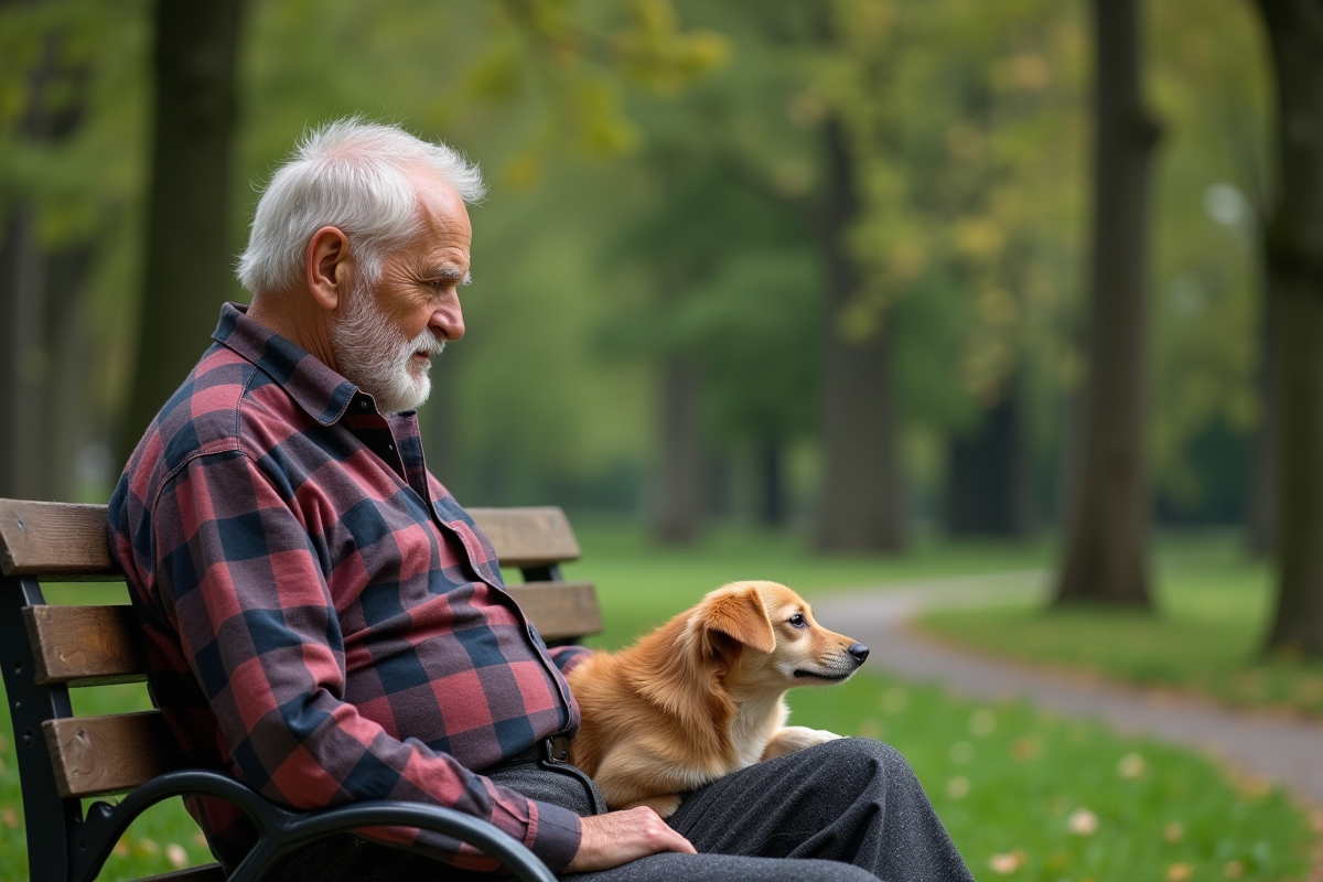 Homme âgé assis sur un banc dans un parc avec un chien