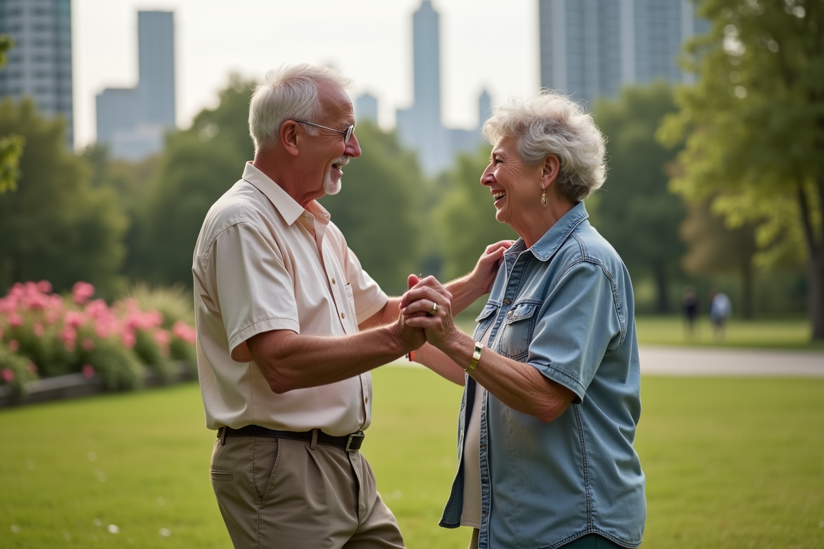 Homme et fille dansant et riant dans un parc urbain