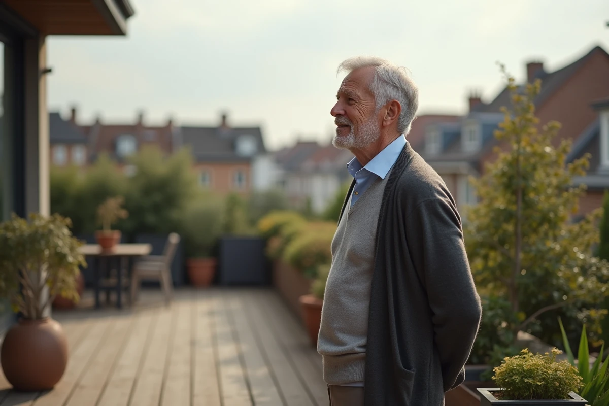 Homme &acirc;g&eacute; dans un jardin en terrasse regardant au loin