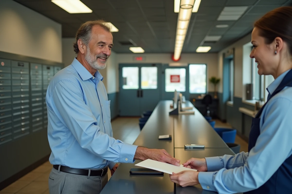 Homme au bureau de poste &eacute;changeant une enveloppe avec un agent
