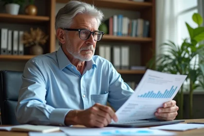 Homme de 62 ans examinant ses documents de retraite Agirc-Arrco sur un bureau à domicile