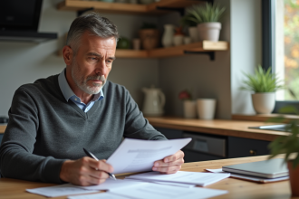 Homme d'âge moyen examine des documents de retraite à la maison