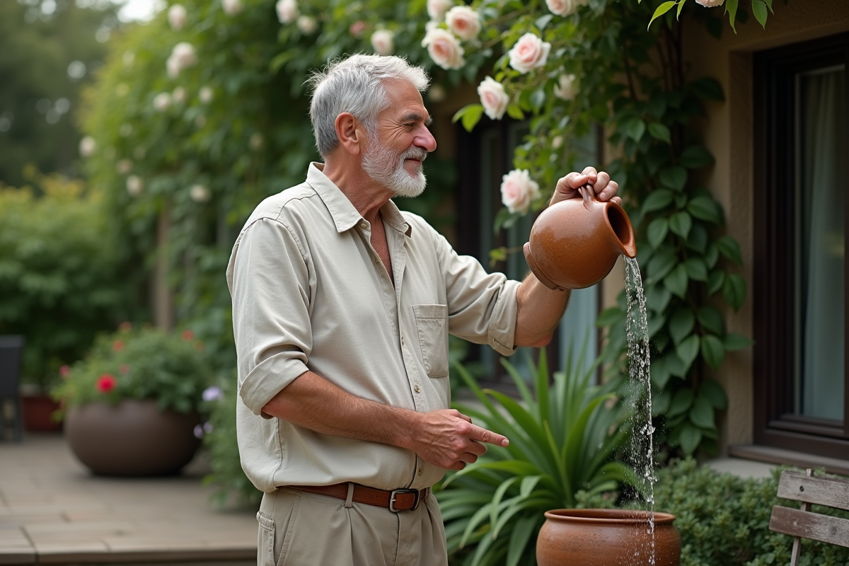 Homme âgé rinçant ses cheveux dans un jardin