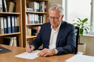 Homme senior rédigeant une lettre de départ à la retraite progressive dans un bureau professionnel