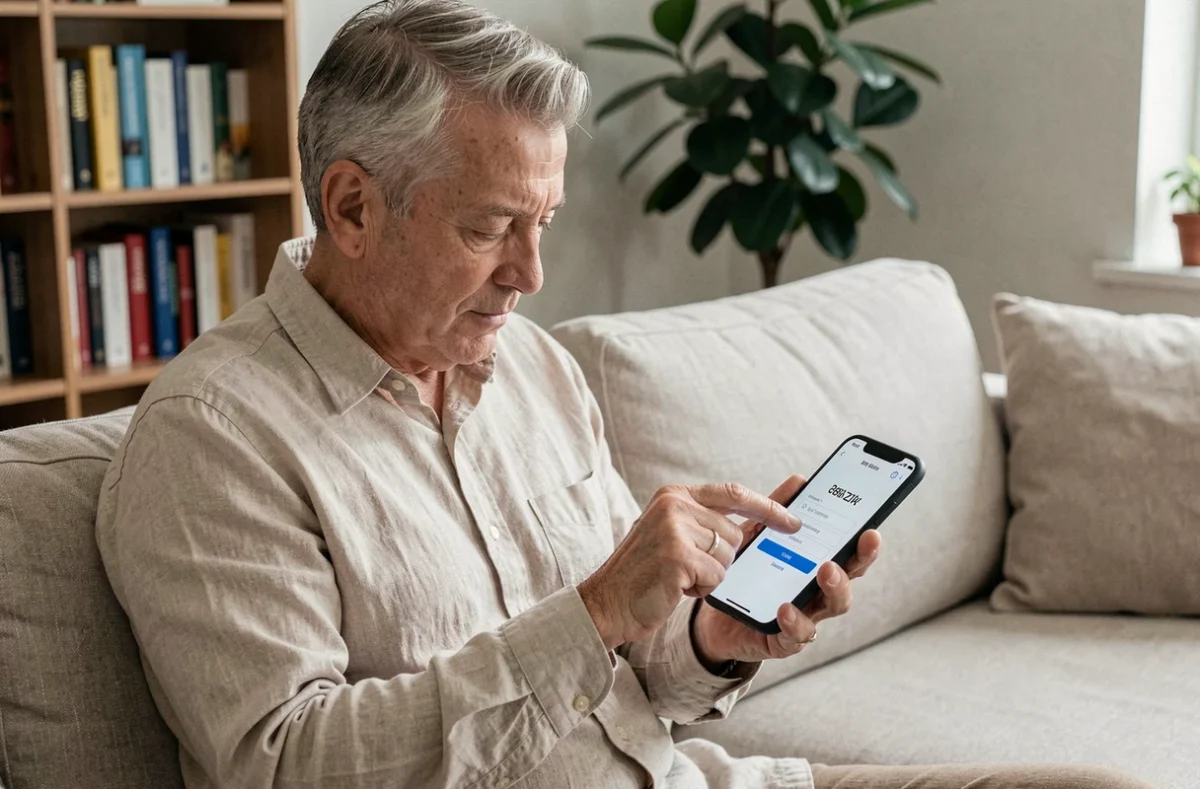 Homme senior utilisant son smartphone pour se connecter au portail mobile Philia admr dans son salon