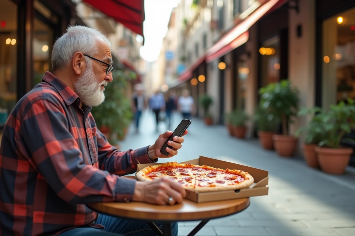 Homme senior consultant des offres pizza sur smartphone en terrasse
