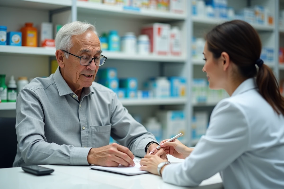 Homme âgé consultant un pharmacien au sujet des contre-indications de Bion 3 Senior en cas de diabète