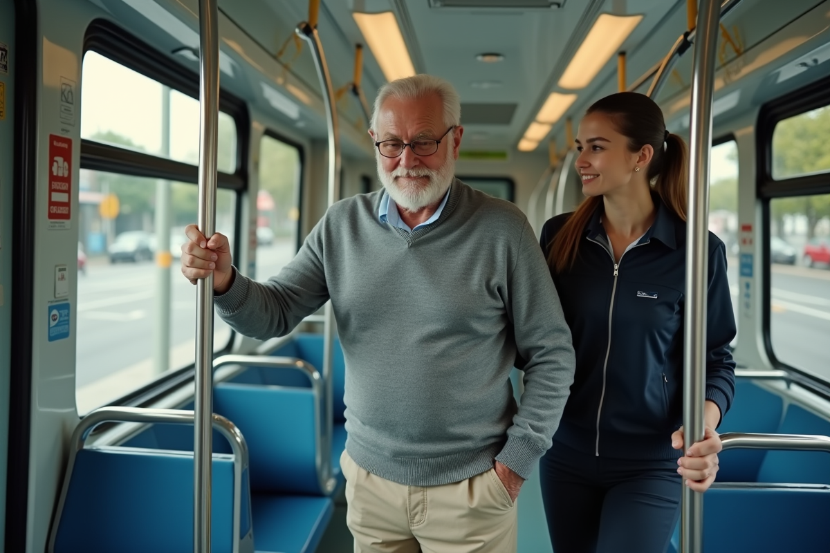 Homme senior guidé par une accompagnante dans un tram urbain