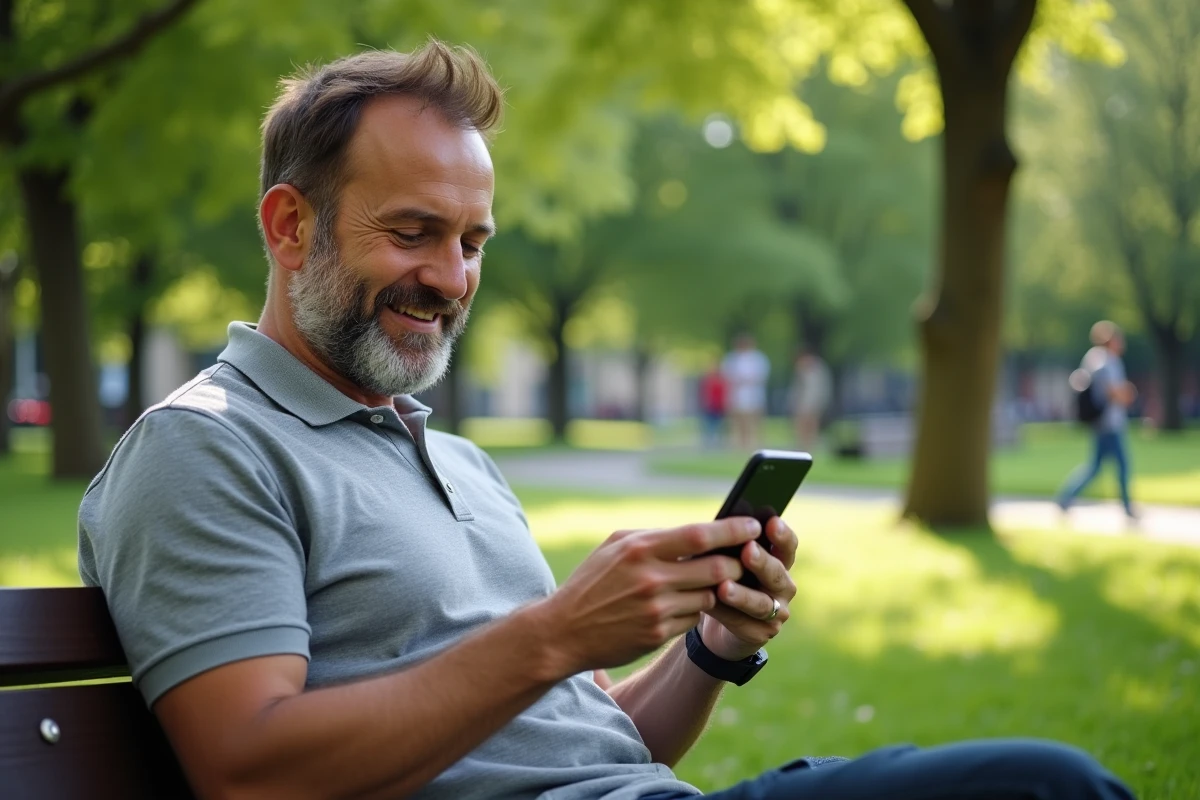Homme consultant les offres parcs du Portail Malin La Poste sur son smartphone dans un parc
