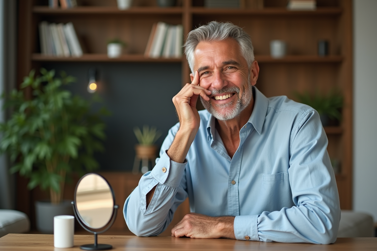Homme appliquant un serum dans un cadre intérieur moderne