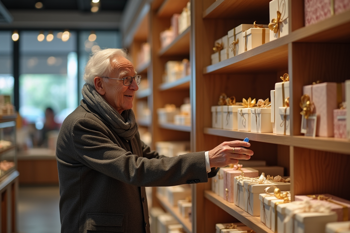 Homme agee regardant des cadeaux dans une boutique moderne