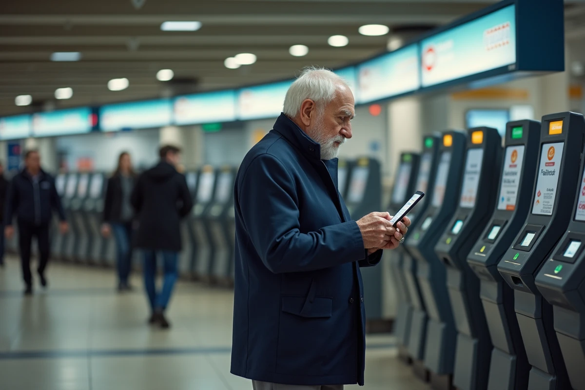Homme &acirc;g&eacute; consulte son railcard au guichet de la gare
