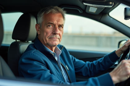 Homme d'âge moyen dans une voiture moderne regardant devant