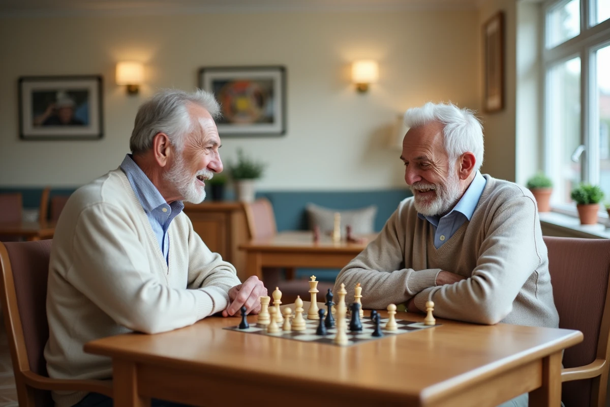 Deux hommes seniors jouent aux echecs dans un salon lumineux