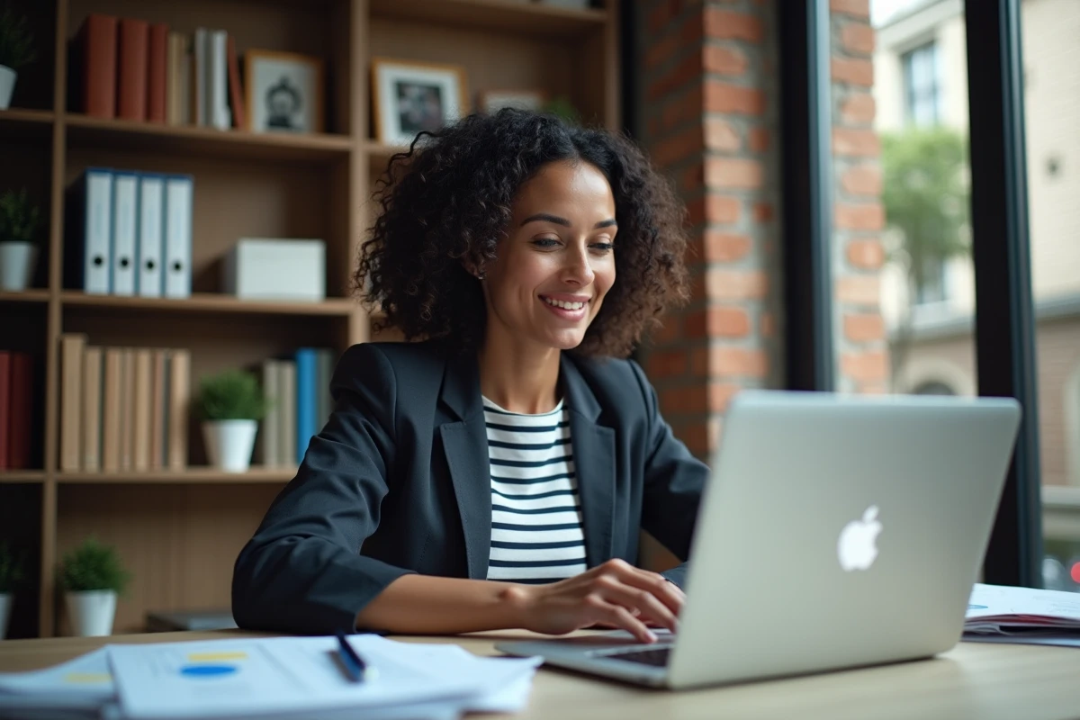 Travailleuse indépendante consultant le site de la Cnav sur son ordinateur portable dans un bureau à domicile