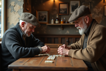Deux hommes âgés jouent aux dominos dans un café ancien