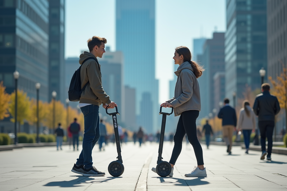 Jeune adulte compare deux aides à la marche en ville en plein jour