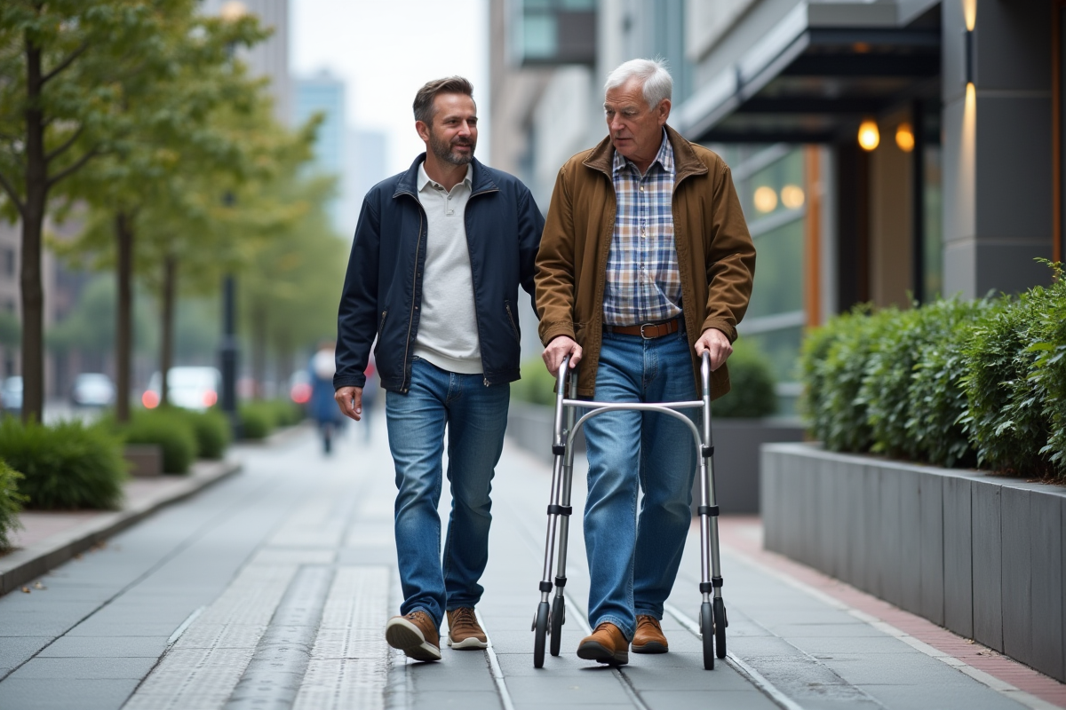 Jeune homme aidant un senior sur le trottoir urbain