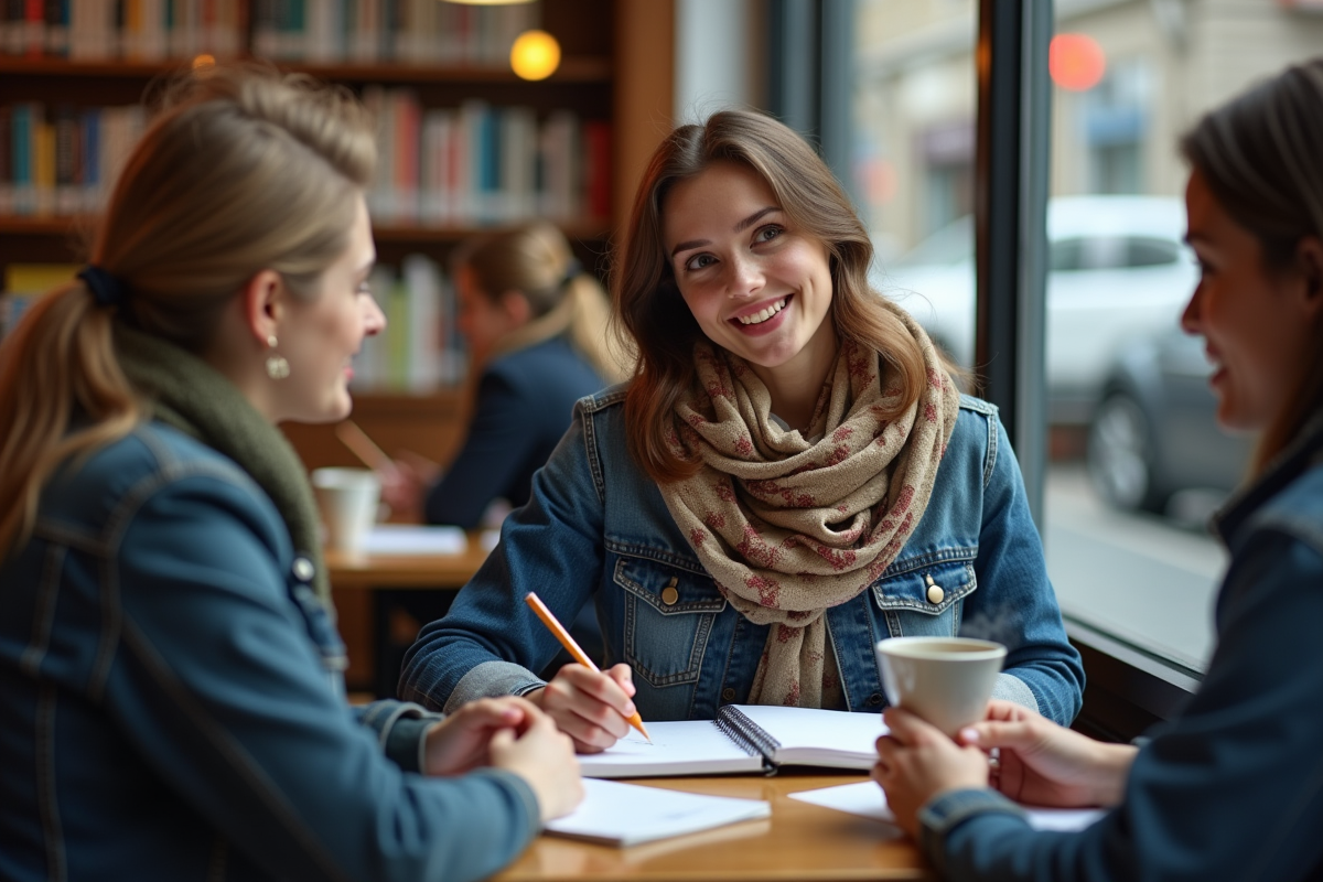 Jeune femme prenant des notes dans un café urbain