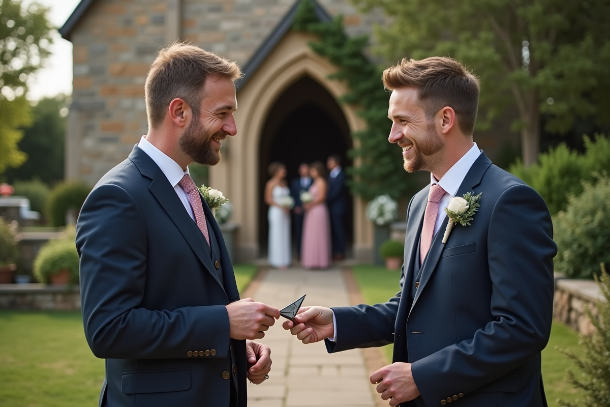 Jeune marié recevant une carte de son père devant l