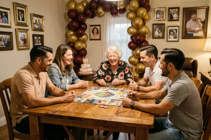 Groupe multigénérationnel jouant à un jeu de société lors d'un anniversaire 70 ans autour d'une table en bois décorée