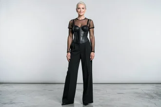 Femme élégante de 67 ans en tenue avant-gardiste noire dans un studio de mode, incarnant l'influence de Madonna sur la mode pop contemporaine