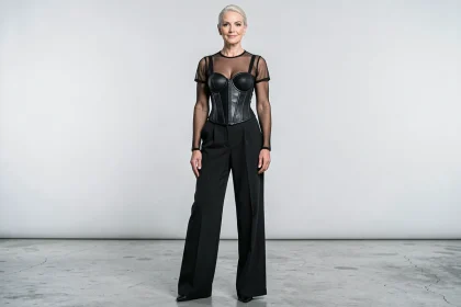 Femme élégante de 67 ans en tenue avant-gardiste noire dans un studio de mode, incarnant l'influence de Madonna sur la mode pop contemporaine
