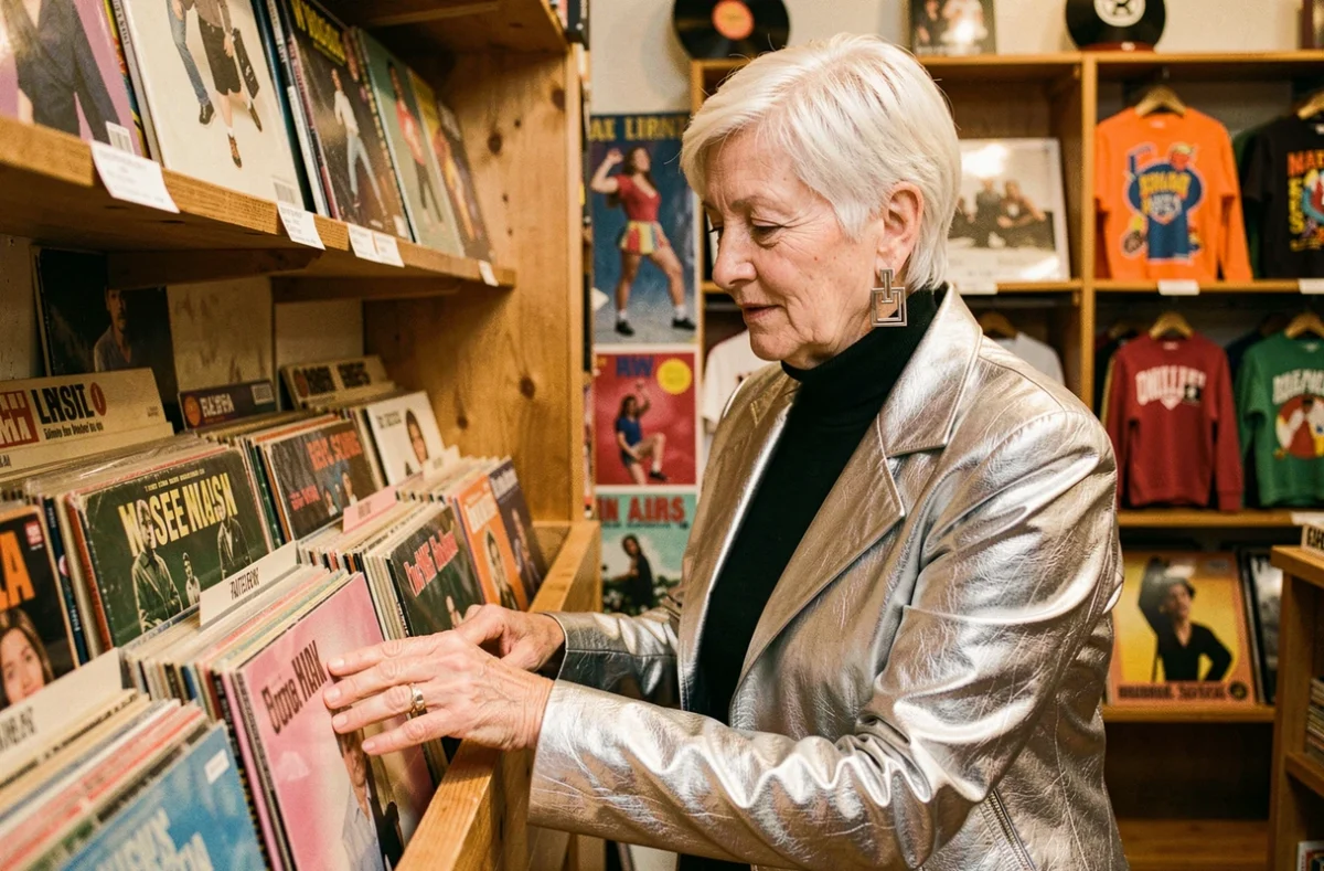 Femme d'une soixantaine d'années en veste métallisée rétro feuilletant des vinyles dans une boutique vintage, référence à l'héritage culturel de Madonna dans la mode