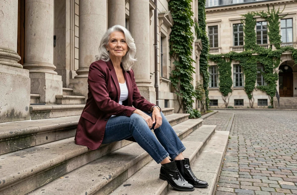 Femme mature en blazer de soie bordeaux assise sur les marches d'un bâtiment néoclassique européen, illustration du style iconique et intemporel inspiré de Madonna