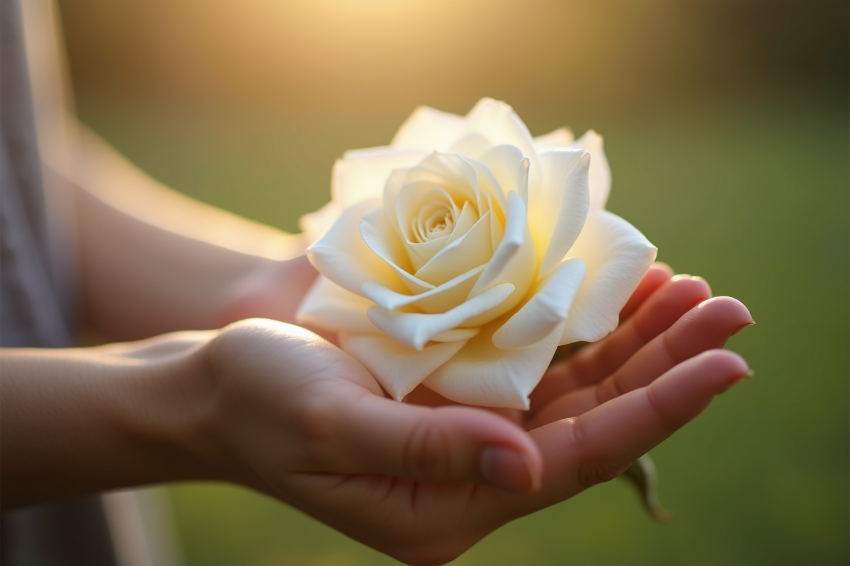 Mains tenant une rose blanche dans la lumière douce du matin