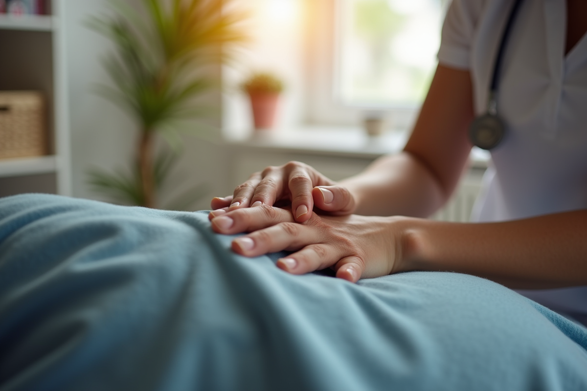 Gros plan sur la main du therapeute massant l epaule du patient