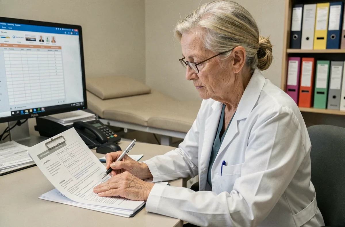 Une médecin gériatre révise un dossier d'évaluation de dépendance pour aider à contester un classement GIR