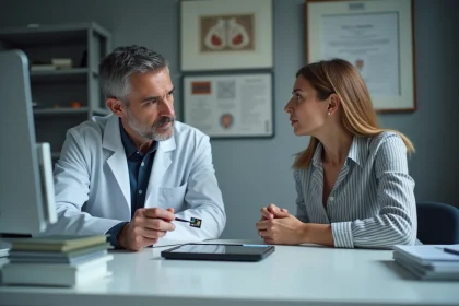 M&eacute;decin et patiente examinant une micropuce m&eacute;dicale dans un cabinet m&eacute;dical moderne en France