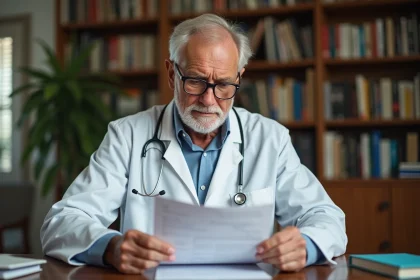 Médecin retraité en blouse blanche examinant une ordonnance médicale à son bureau à domicile