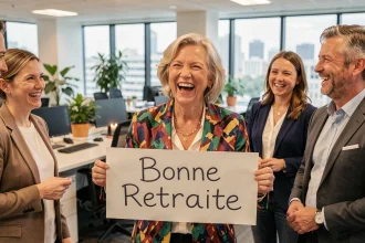 Collègues célébrant le départ à la retraite d'une femme souriante dans un bureau moderne avec une banderole humoristique