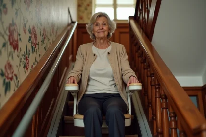 Monte-escalier compact installé sur un escalier étroit dans une maison ancienne, utilisé par une femme âgée en toute autonomie