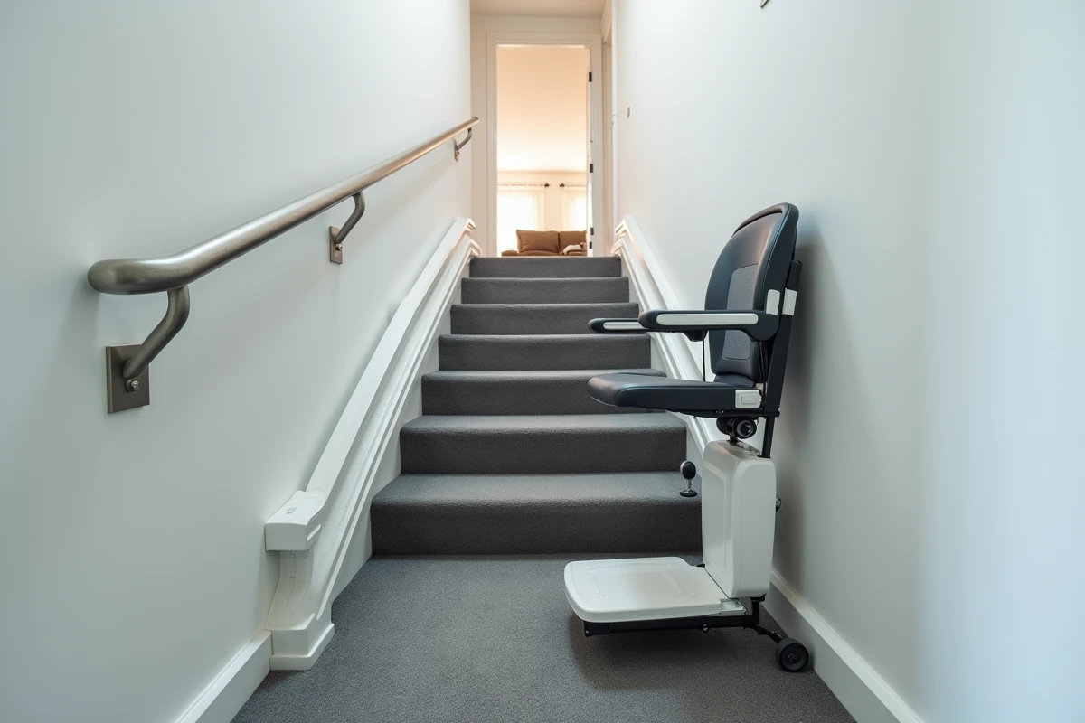 Dispositif monte-escalier portable sans installation fixe posé contre un escalier étroit dans un appartement moderne